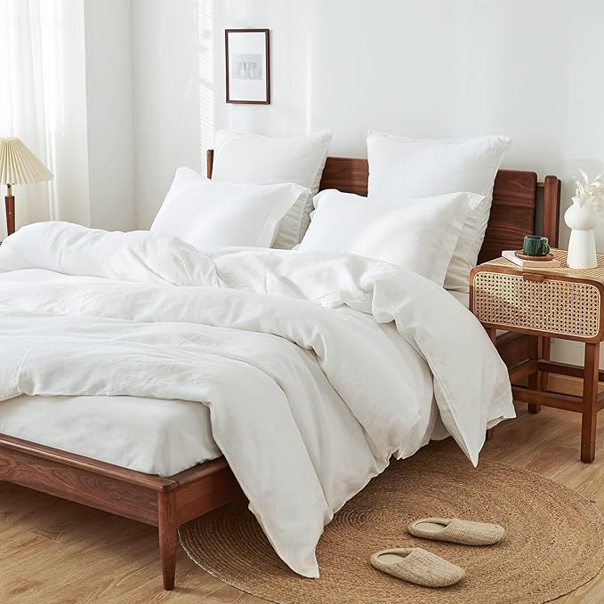 Simple&Opulence 100% Linen Duvet Cover Set, Natural French Flax White Duvet Cover Twin Size, Breathable Soft Comfy Linen Bedding Comforter Cover with 1 Pillowcase(White, 68"x86")