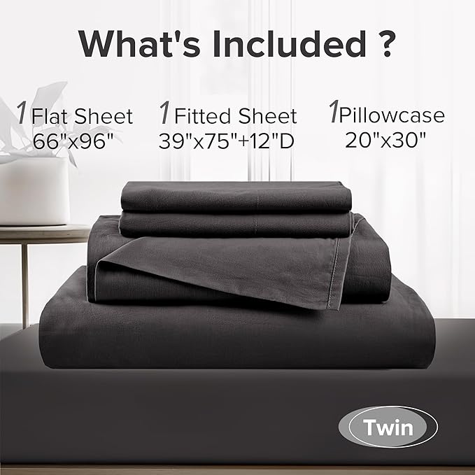 Comfort Spaces 100% Cotton Sheets Twin, Breathable & Ultra Soft Cotton Sheets, Naturally Cool Cotton Bed Sheets with 12" Elastic Pocket Fits up to 14" Mattress, All Season Sheet Set, Black, 3 Piece