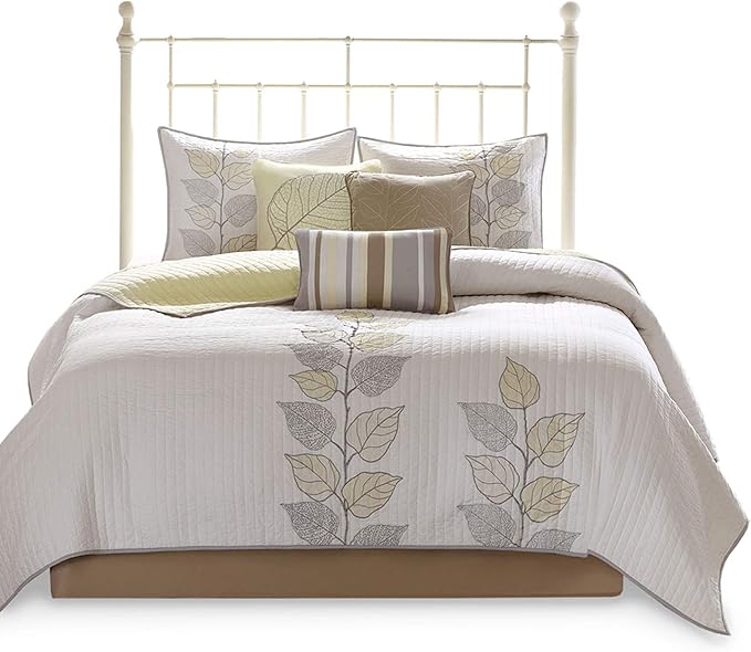 Madison Park Caelie Quilt Modern Classic Design All Season, Breathable Coverlet Lightweight Bedding Set, Matching Shams, Decorative Pillow, King/Cal King(104"x94"), Leaf Yellow 6 Piece