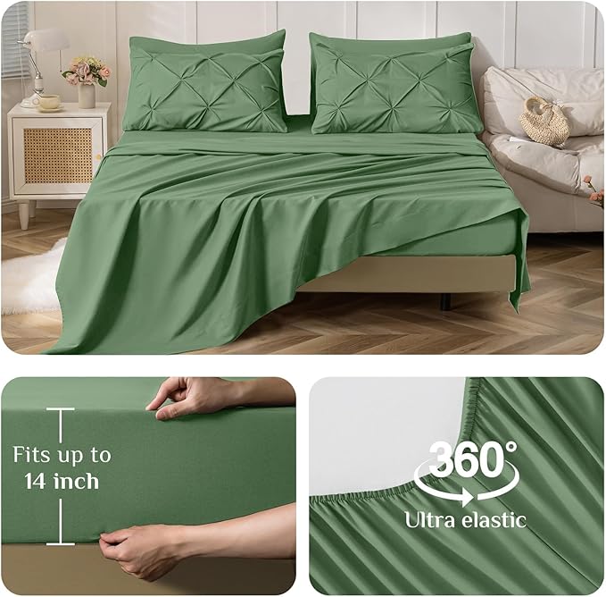 JOLLYVOGUE Full Size Comforter Sets 7 Pieces - Bed in a Bag Full for All Season, Pintuck Bedding Comforter Sets with Comforter, Flat Sheet, Fitted Sheet and Pillowcases & Shams, Green