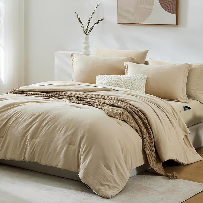 WRENSONGE Super King Size Comforter Set- 7 Pieces Beige Bed in a Bag Super King with Fitted Sheet, Flat Sheet, 2 Pillow Shams, and 2 Pillowcases- Warm Bed Set for All Season