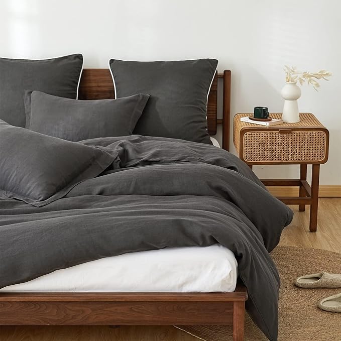 Simple&Opulence 100% Linen Duvet Cover Set, Natural French Flax Dark Grey Duvet Cover Twin Size, Breathable Soft Comfy Linen Bedding Comforter Cover with 1 Pillowcase(Dark Grey, 68"x86")