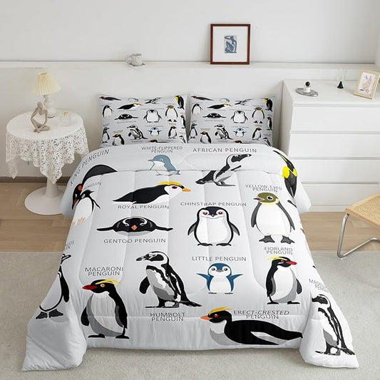 Erosebridal Penguin Comforter Set Full Size,Black White Penguins Bedding Set Cute Animal Down Comforter for Kids Boys Girls Teens,Wildlife Grey Bedding Quilted Sets with 2 Pillow Cases Bedroom Decor