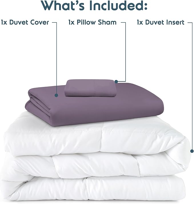 Nestl Twin Duvet Cover Set with Comforter Insert - Grayish Purple 3 Piece 68x90 Duvet Cover & 1 Pillow Sham with White Quilted Down Alternative Comforter, Ultra Soft, All Season