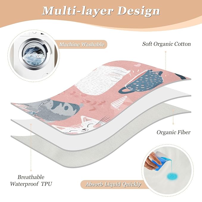 Waterproof Bed Pad Reusable Changing Pad Toddler Mattress Protector Large Pee Pad Baby Diaper Pad Soft Washable Liner Pink Cat and Coffee