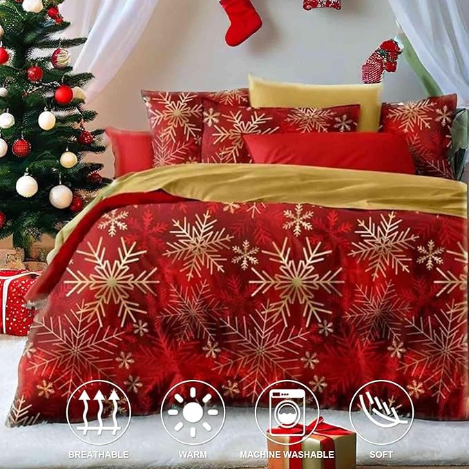 Nanko Merry Christmas Queen Size Duvet Cover, Red and Gold Snowflake Pattern Print, Microfiber Comforter Cover Set with Zip, New Year Modern Bedding Sets for Women Men Teen, 3Pcs 90x90 inch