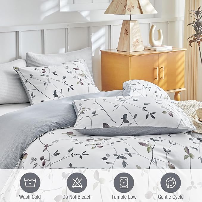 Lekesky Reversible Duvet Cover Queen Size, White Grey Tree Branch Pattern Comforter Cover Queen 3pc Super Soft Microfiber Breathable Botanical Bedding Sets with Zipper Ties