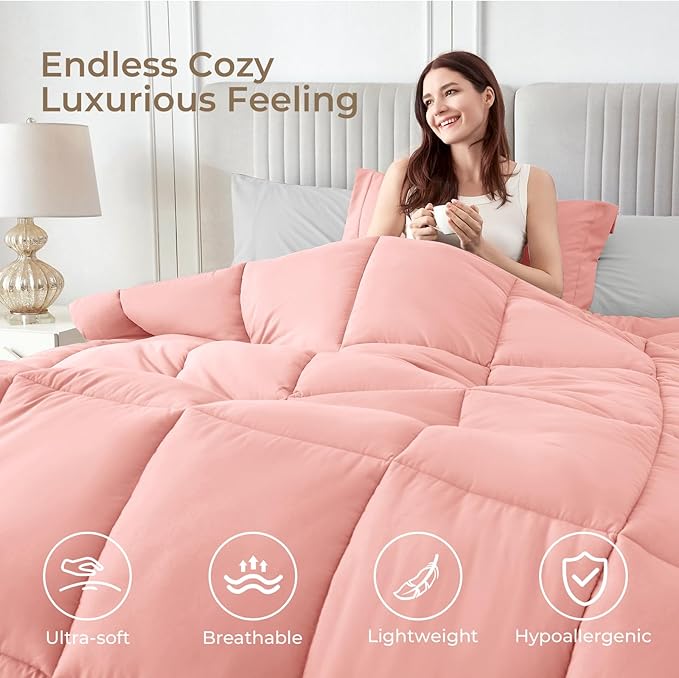 Sasttie California King Comforter Set, 7 Pieces Reversible Cal King Bed in a Bag, Complete Bedding Set Includes Comforter, Flat Sheet, Fitted Sheet, Pillowcases and Pillow Shams, Pink & Light Grey