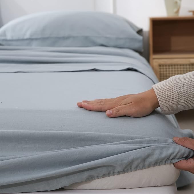 Simple&Opulence Belgian Linen Sheet Set Solid Color - 4 Pieces (1 Flat Sheet, 1 Fitted Sheet & 2 Pillowcases) Natural Flax Cotton Blend Soft Breathable Farmhouse Bedding - Full Size, Dusty Blue
