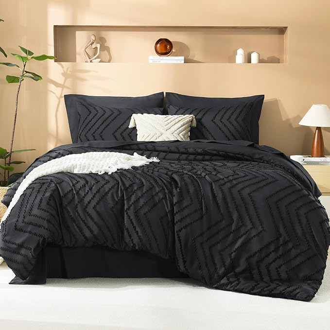 Litanika California King Comforter Set with Sheets Black - 7 Pieces Bed in a Bag Cal King Boho Tufted Complete Bedding Sets with Comforter, Sheets, Pillowcases & Shams