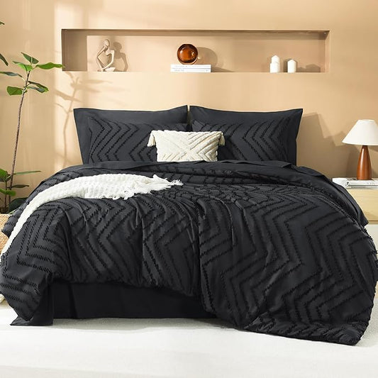 Litanika Black Full Size Comforter Set with Sheets - 7 Pieces Bed in a Bag Full Tufted Complete Bedding Sets with Comforter, Sheets, Pillowcases & Shams