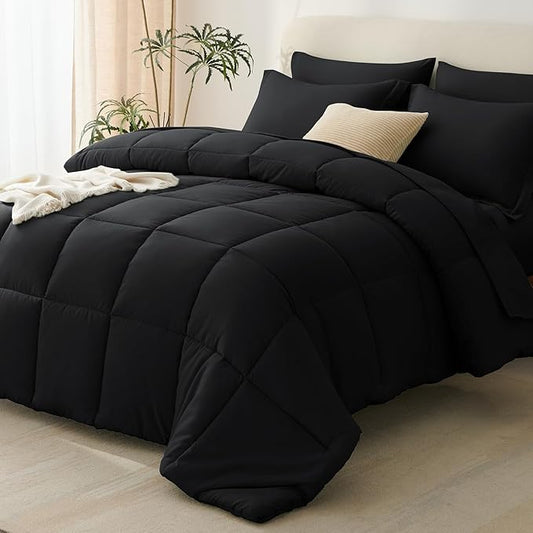 CozyLux California King Comforter Set Black - 7 Pieces California King Bed in a Bag Set, All Season Soft Bedding Sets with Comforter, Flat Sheet, Fitted Sheet, Pillowcases & Pillow Shams