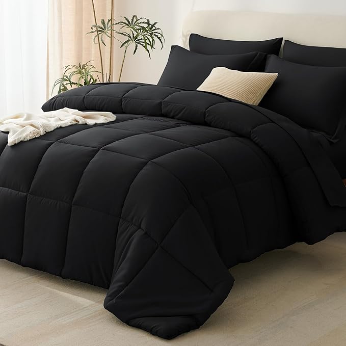 CozyLux Oversized King Comforter Sets Black, 7 Pieces Bed in a Bag, 120x98 Box Stitched Design Bedding Set, All Season Soft Bed Set with Down Alternative Comforter, Sheets, Pillowcases & Shams