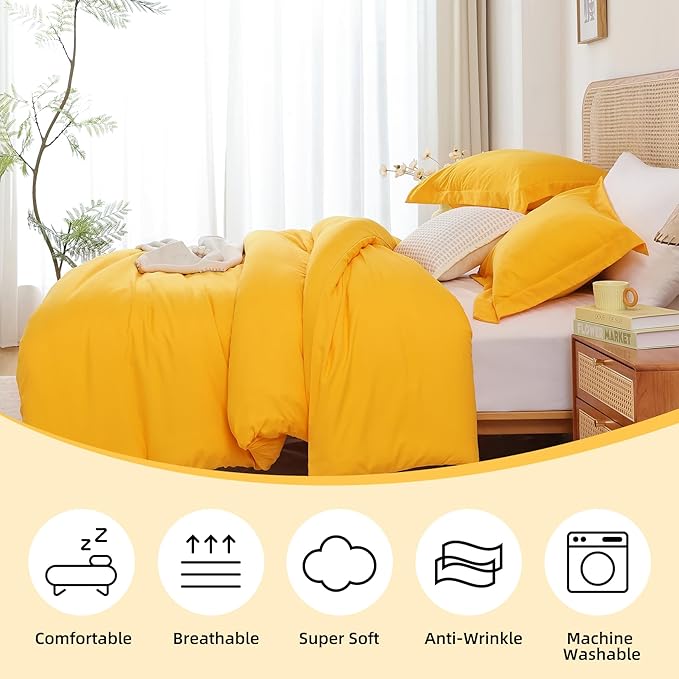 Whitney Home Textile Yellow Duvet Cover Set Twin Size - 2 Piece Luxury Soft Cooling Duvet Cover with Zipper Closure and Pillow Sham, Breathable Washed Brushed Microfiber, Comforter Not Included