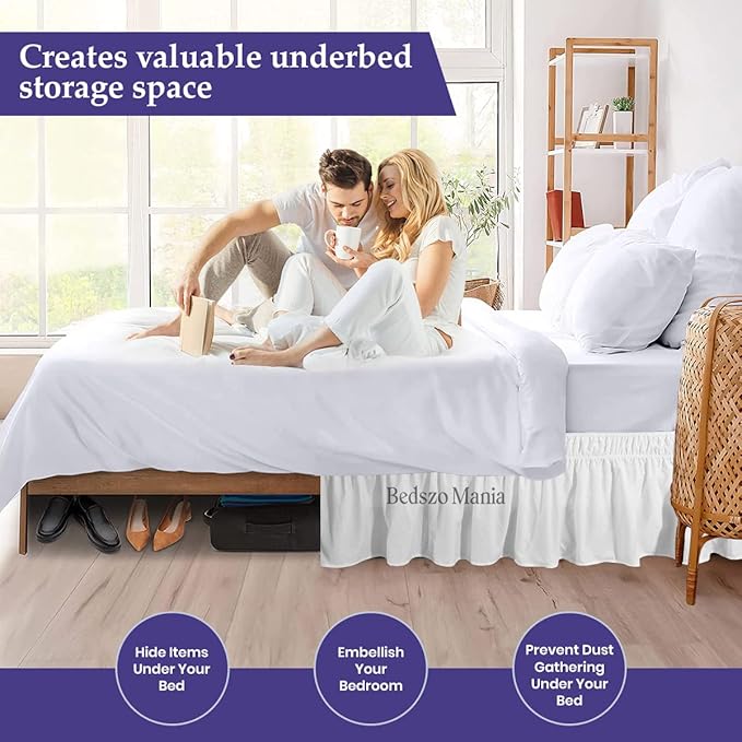 Wrap Around Bed Skirt 9" Inch Drop 100% MicrofibreFabric 1-Piece Bed Skirt Easy Fit Easy Care Fade & Wrinkle Resistant - Full Size (54"X75"), White Color