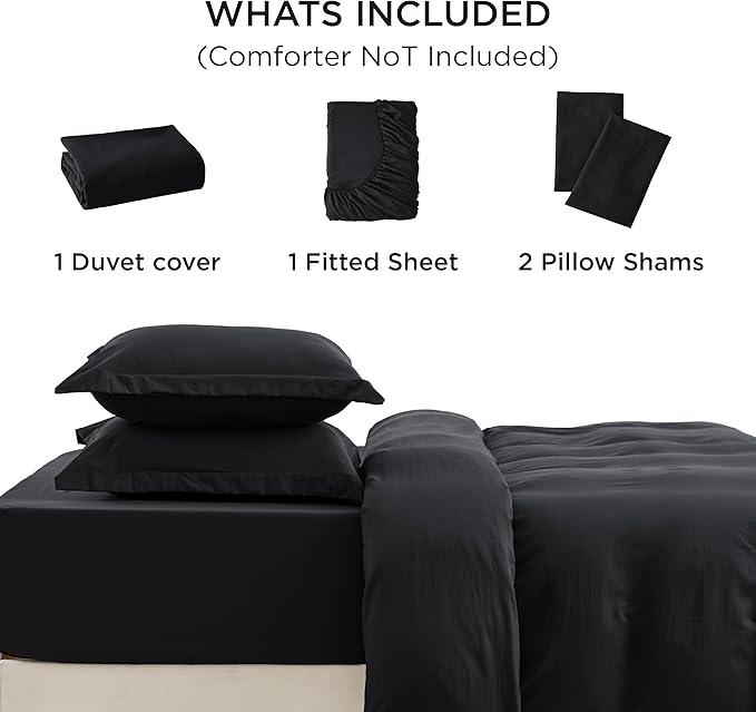 Bedsure Duvet Cover Queen Size with Fitted Sheet - 4 Pieces Prewashed Polyester Extra Soft Bedding Set, Includes 1 Duvet Cover 90x90 Inches with Zipper Closure, 2 Pillow Shams, 1 Fitted Sheet, Black