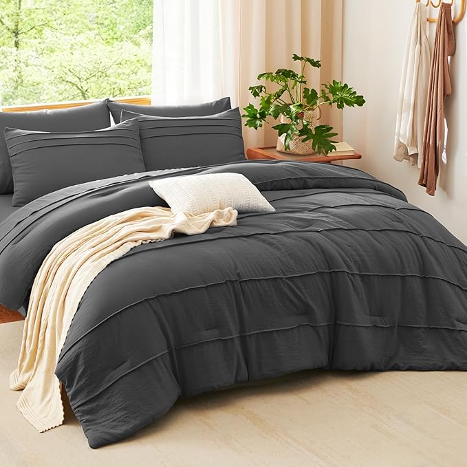 CozyLux King Size Comforter Set Dark Grey, 7 Pieces Soft Pinch Pleat Bed in a Bag King Comforter Set with Sheets, Boho Bed Set with Down Alternative Comforter, Sheets, Pillowcases & Shams