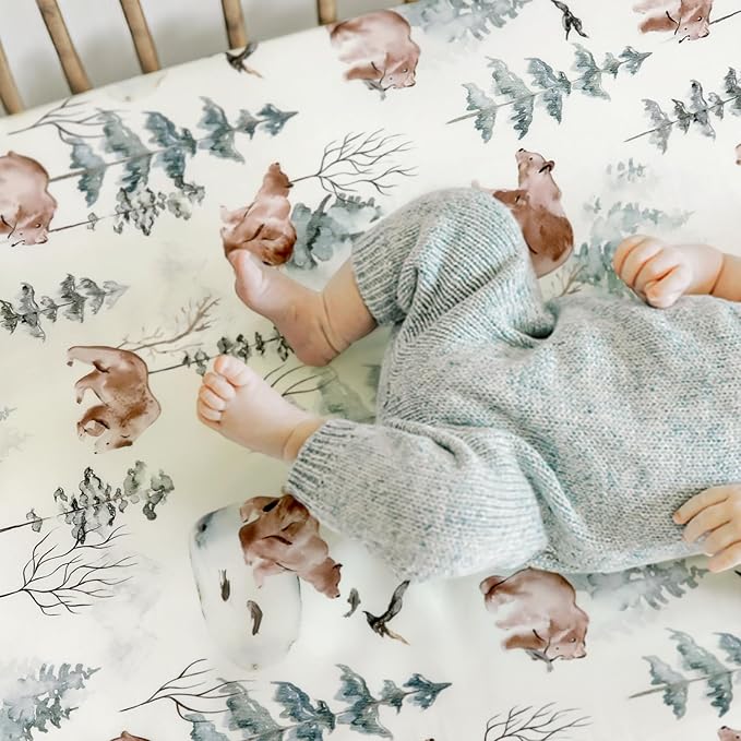 Stretchy Ultra Soft Jersey Knit Fitted Crib Sheets Set 2 Pack，Fit All Standard Crib Mattress Pads Safe and Snug, Stylish Pattren of Bear and Wolf Print