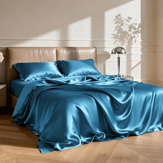 Love's cabin Twin XL Satin Sheet Sets - 3 Piece Teal Silky Bed Sheets with Deep Pockets, Luxury Silk Feel Satin Sheet Set Twin XL (1 Flat Sheet,1 Fitted Sheet,1 Pillow case)
