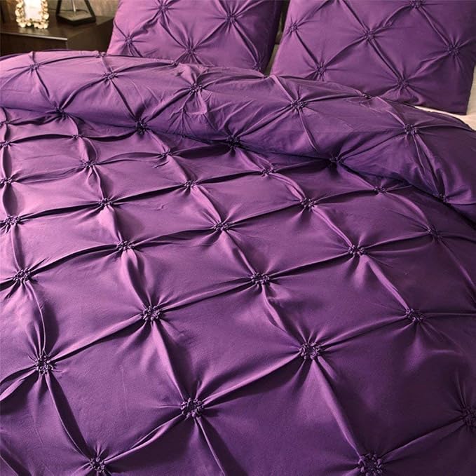 Feelyou Pintuck Duvet Cover Set Queen Size Purple Pinch Pleat Duvet Cover Tufted Design Bedding Set Zipper Soft Polyester Comforter Cover with 2 Pilllow Shams, Solid Geometric 3 Pieces