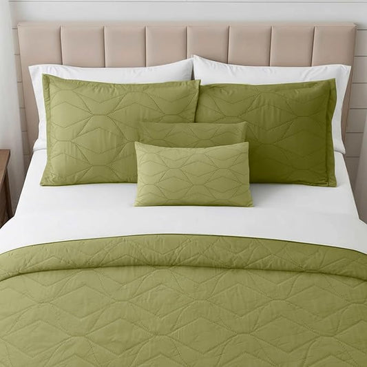 Hearth & Harbor King Quilt Set – All-Season Lightweight Bedspread & Coverlet with Pinsonic Weave - 7 Piece King Quilt Set with Pillow Shams, Olive Green - King Ellipse