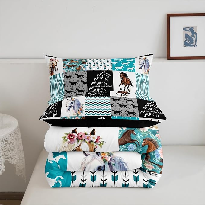 Horse Bedding,Western Farmhouse Horse Comforter Set For Girls Twin Bed,Boho Arrow Teal Zebra Stripe Comforter For Kids Boys Women,Rose Flower Rustic Cowboy Quilt Duvet sets 1 Pillowcases Black White