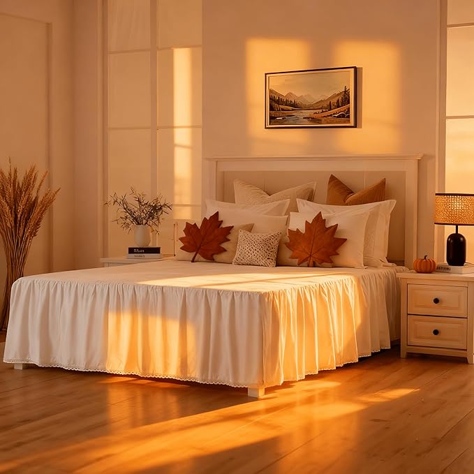Queen Size 18" Drop - White Lightweight Cotton Bed Skirt with Crochet Edge - Dust Ruffle Whth Split Corner - Soft, Elegant, Breathable Bedding Accessory