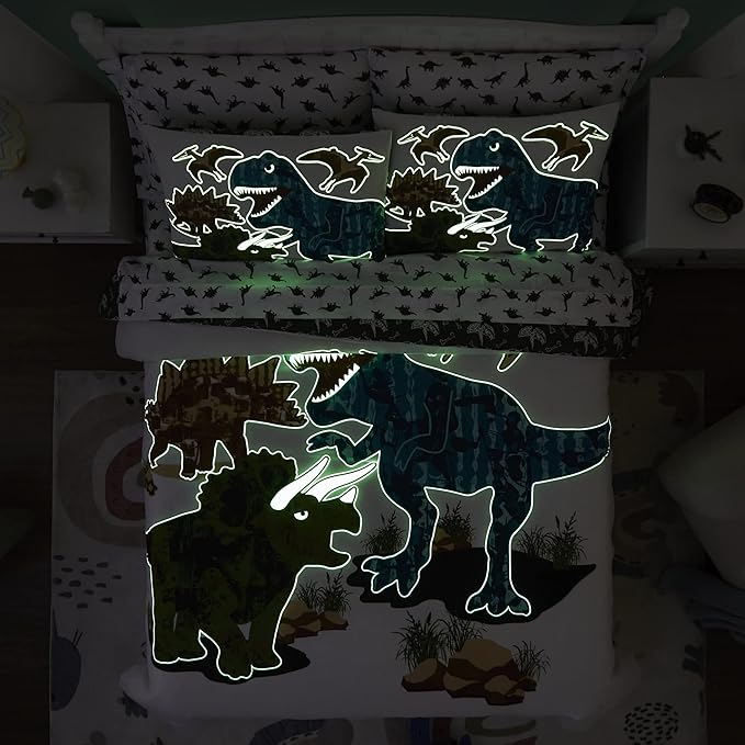 Full Kids Comforter Set - 7 Pieces Full Bedding Sets for Boys Teen, Glow in The Dark Dinosaurs Bed in A Bag with Sheets