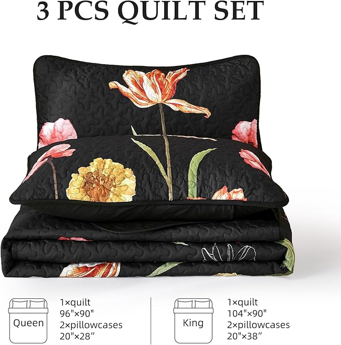 WONGS BEDDING Floral Quilt Set Queen Size, Colorful Black Red Quilt Set with 2 Pillowcase, Lightweight Spring Summer Farmhouse Coverlet Set for All Season (96"x90")