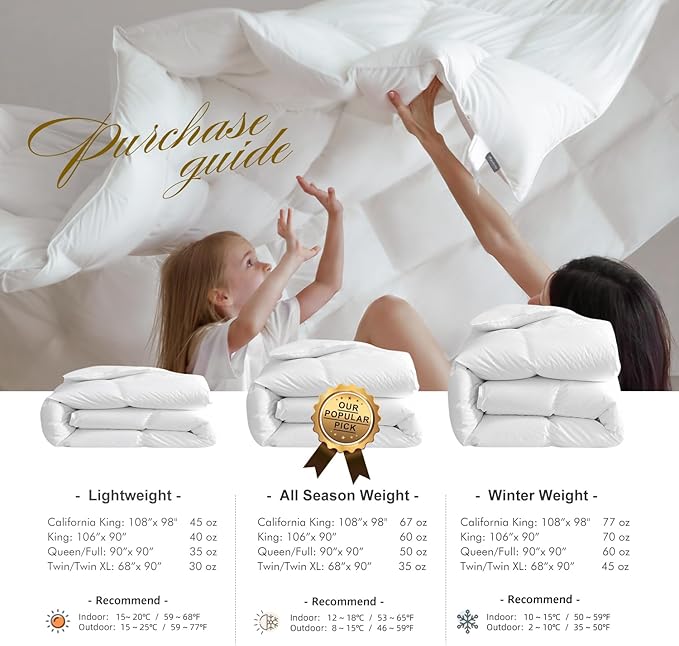 Royoliving Premium Feathers Down Duvet Insert Comforter King Size All Season Medium Warmth White 100% Cotton Cover with Corner Tabs (106x90, 60 oz)