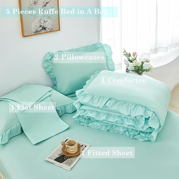 ANGIYUIN Mint Green Twin Size Comforter Set for Girls Kids 5 Pieces Ruffled Farmhouse Bed in A Bag with Sheets Soft Lightweight Bedding Sets for All Season(Mint Green Twin)