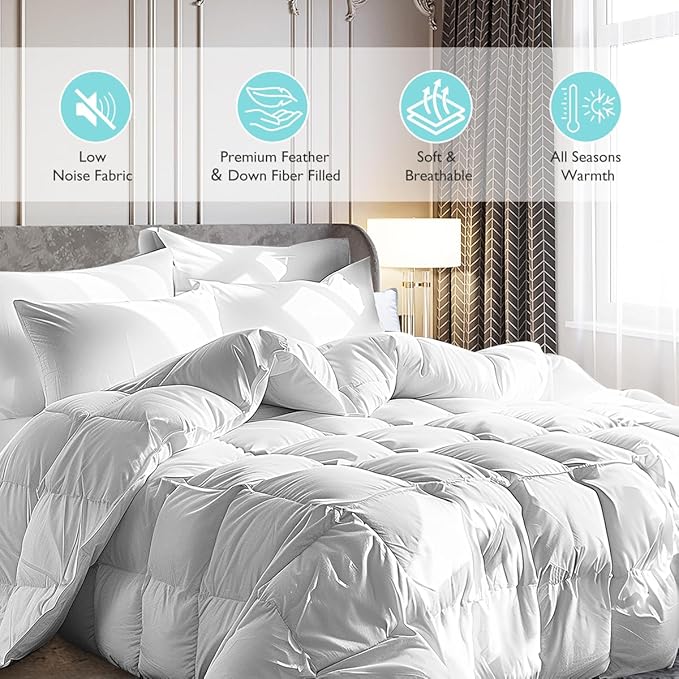 Martha Stewart Extra Warmth White Goose Feather Down Fiber Comforter-King Size Duvet Insert, Noiseless Fabric with 84oz Filled Luxury Cloud Fluffy Bed Comforter with 8 Corner Loops, White 106x90inch