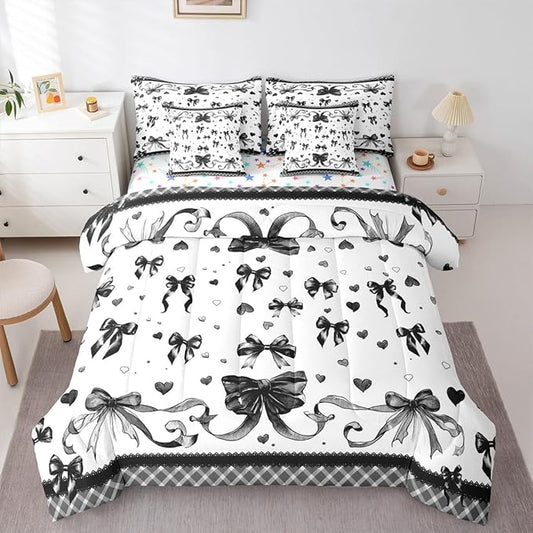Feelyou Bowknot Comforter Set Twin Size 7 Pieces Dreamy Princess Bedding Set for Kids Boys Girls Cute Bow Bed in a Bag with Comforter, Sheets, Pillowcases, Cushion Covers Love Hearts Quilted Soft