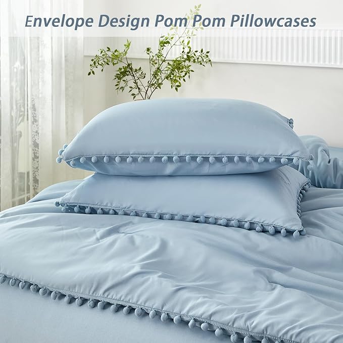 PERFEMET Full Pom Pom Comforter 5 Pieces Aesthetic Grayish Blue Pom Bed in A Bag Soft Fluffy Blue Solid Bedding Sheets and Comforter for Boys Kids(Grayish Blue, Full)