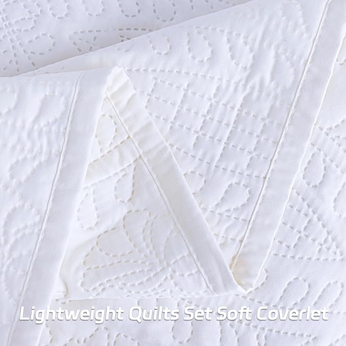 SheRest Queen Quilt Bedding Set - White Soft Breathable Bed Quilts, Modern Style Embossed Bedspreads, Lightweight Microfiber Reversible Coverlet for All Seasons-3 Pieces (1 Quilt,2 Pillow Shams)