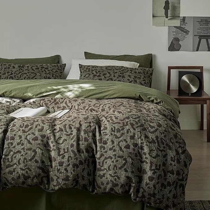 LifeTB Leopard Duvet Cover Queen Yarn-Dyed Cotton Jacquard Duvet Cover Green Leopard Print Floral Bedding Set Animal Cheetah Printed Comforter Cover Boho Farmhouse Bedding Cover with Zipper Closure