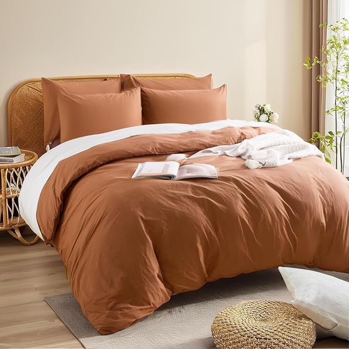 NEXHOME PRO Duvet Cover Set 100% Washed Cotton Oversized Queen 98"x98", Organic Natural Linen Look Textured 3 Pieces Bedding Set Terracotta Burnt Orange with Zipper Closure, Soft (No Comforter)
