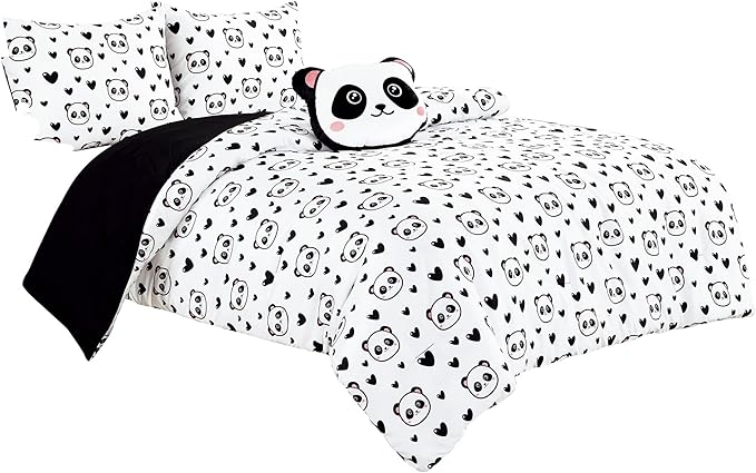 Chezmoi Collection 4-Piece Black White Girls Bedding Set Love Panda Hearts Microfiber Comforter Set w/Panda Throw Pillow for Kids Teens Full/Queen (Oversized Twin)