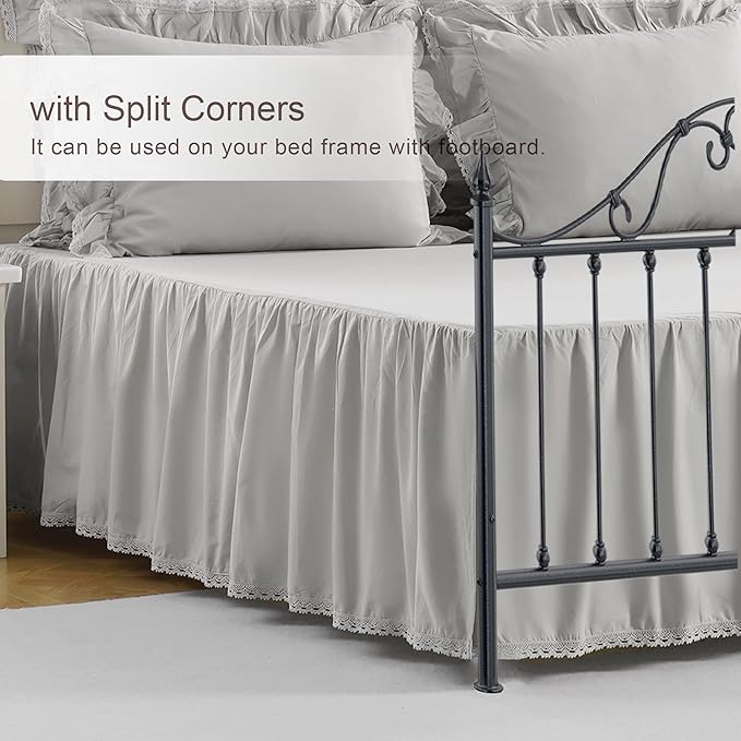 Queen Size 18 inch Drop Light Grey Dust Ruffle, Crochet Edge Lace, Lightweight 100% Cotton, French Coutry Style Ruffled Bed Skirt with Split Corners