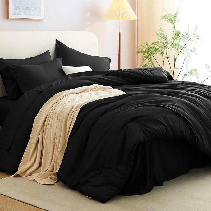 CozyLux Oversized King Comforter Set Black, 7 Pieces Bed in a Bag Comforter Set with Sheets, Soft Bedding Sets with Down Alternative Comforter, Fitted Sheet, Flat Sheet, Pillow Shams and Pillowcases