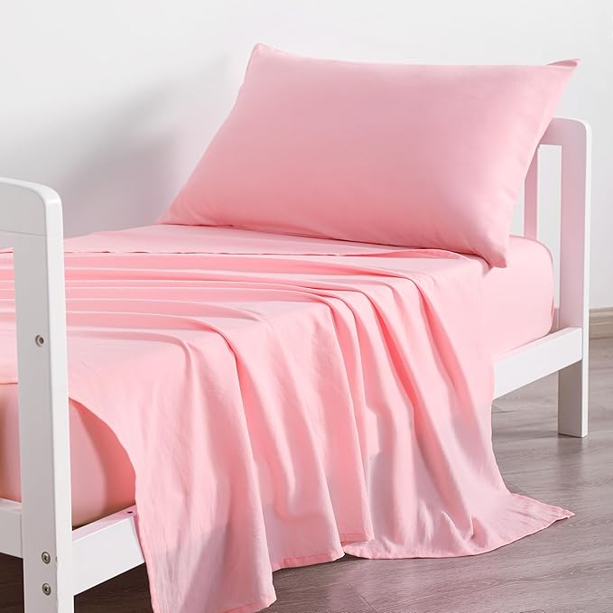 NTBAY Toddler Sheet Set - 3-Piece Microfiber Crib Sheet Set - Flat Sheet, Fitted Sheet, Pillowcase - Solid Toddler Bedding, Pink