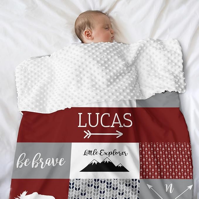 Customzed Baby Blanket for Boys Super Soft Double Layer with Dotted Backing, Monogrammed Receiving Blanket with Cute Woodland Multicolor Printed Blanket Red 40 x 50 Inch