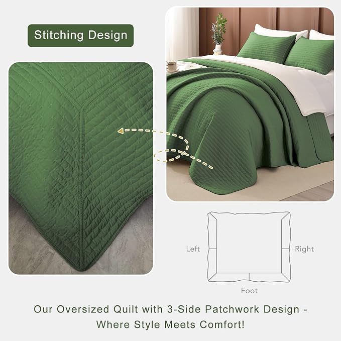 Lady Ann Oversized King Quilt Set,3 Pcs Olive Green Oversized King Bedspreads 128x120 for Bed, Lightweight & Ultra-Soft Farmhouse Coverlet All Season Extra Large Quilted Bedding Sets