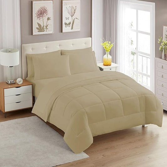 King Size Comforter Set with Sheets - 7-Piece Bedding Collection - 1 Comforter, 1 Fitted Sheet, 1 Flat, 4 Pillowcases - Deep Pocket - Soft & Breathable Premium Quality - Ideal for All Seasons, Taupe