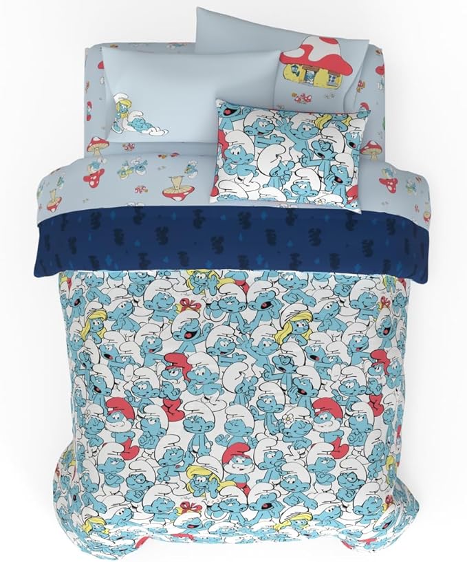The Smurfs Kids Bedding Super Soft & Cozy Reverisble Microfiber Comforter and Sheet Set with Sham, 7 Piece Queen Size, (Officially Licensed Product) by Franco