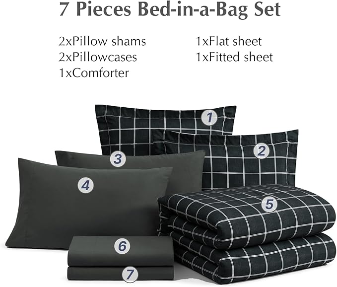 Plaid Queen Comforter Set Black, Reversible Checkered Bedding Set 7 Pieces for Boys Girls Teen, Lightweight Bed in a Bag for Dorm with Sheets, Pillowcases & Shams