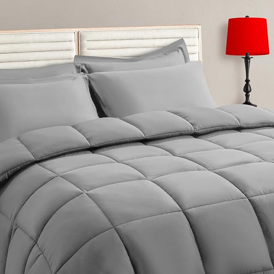 TAIMIT Grey Queen Size Comforter Set - 7 Pieces, Bed in a Bag Bedding Sets with All Season Soft Quilted Warm Fluffy Reversible Comforter,Flat Sheet,Fitted Sheet,2 Pillow Shams,2 Pillowcases,Gray