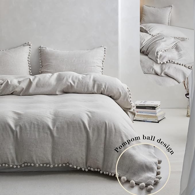 Simple&Opulence French Linen Blended Duvet Cover King, Flax Viscose Derived from Bamboo Bedding Set with Pom Pom Trim Soft Cooling for Hot Sleepers, 1 Boho Comforter Cover and 2 Pillow Shams, Linen