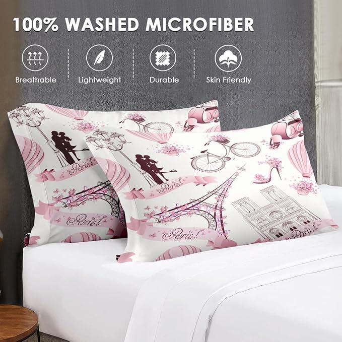 Queen Size Comforter Set with 2 Pillowcases, Vintage Paris Eiffel Tower Love Soft 3 Pcs Bedding for Kids and Adults Bedroom Bed Decor
