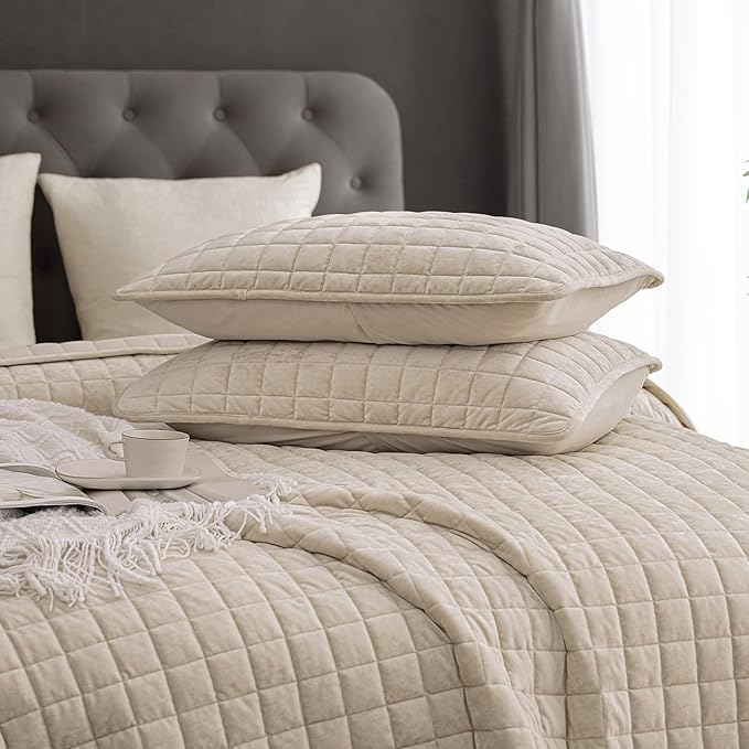 PHF Luxurious Velvet Quilt Set Twin Size – 2PCS Super Soft Quilted Comforter Alternative with Square-Box Quilt Pattern, Warm Quilted Bedspread Coverlet, 68" x 92", Oxford Tan